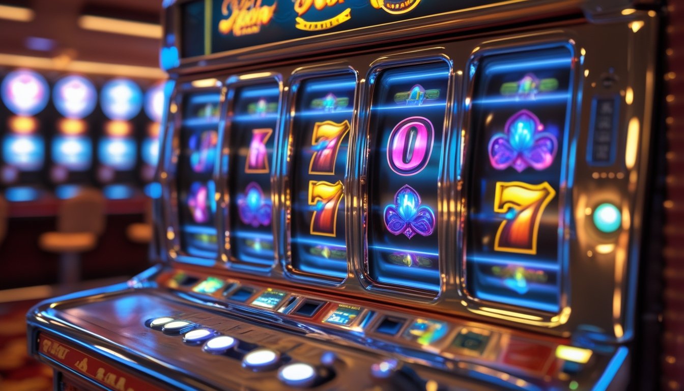 Mesin slot retro klasik dengan simbol warna-warni yang tersusun dalam kelompok, dikelilingi oleh cahaya lembut di dalam suasana kasino.