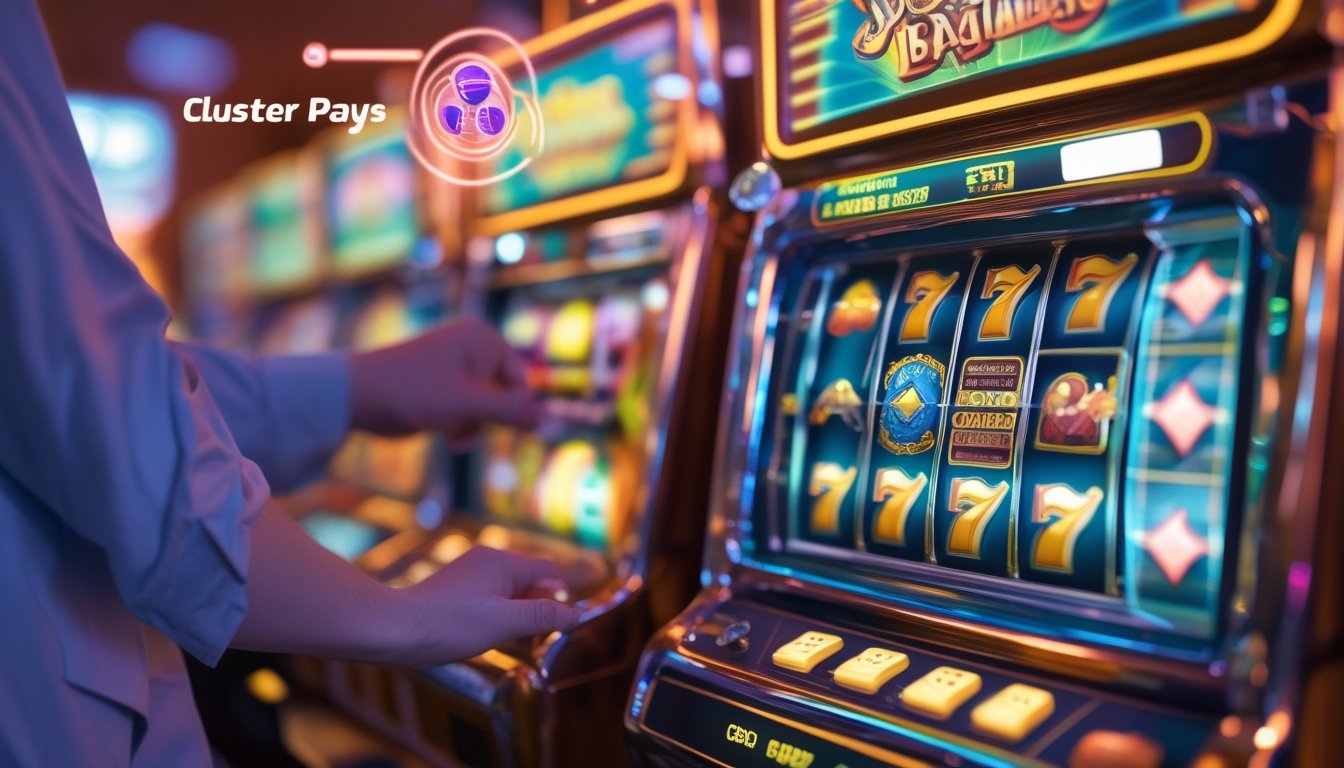 Gambar close-up mesin slot retro dengan simbol buah dan lonceng yang berputar, menunjukkan pola kemenangan cluster, serta tangan yang memilih taruhan pada panel sentuh di samping mesin.