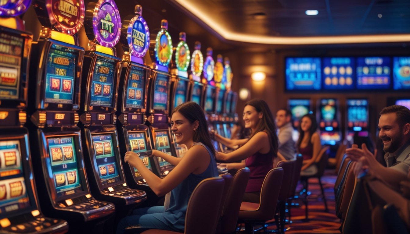 Suasana kasino dengan mesin slot retro yang menyala dan pemain yang sedang bermain dengan antusias.