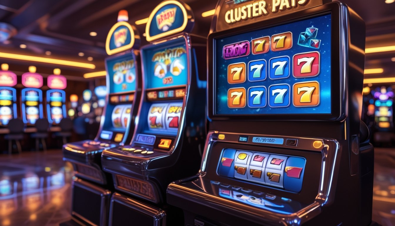 Suasana dalam kasino dengan mesin slot retro dan layar permainan cluster pays yang menampilkan simbol warna-warni dan efek animasi kemenangan.