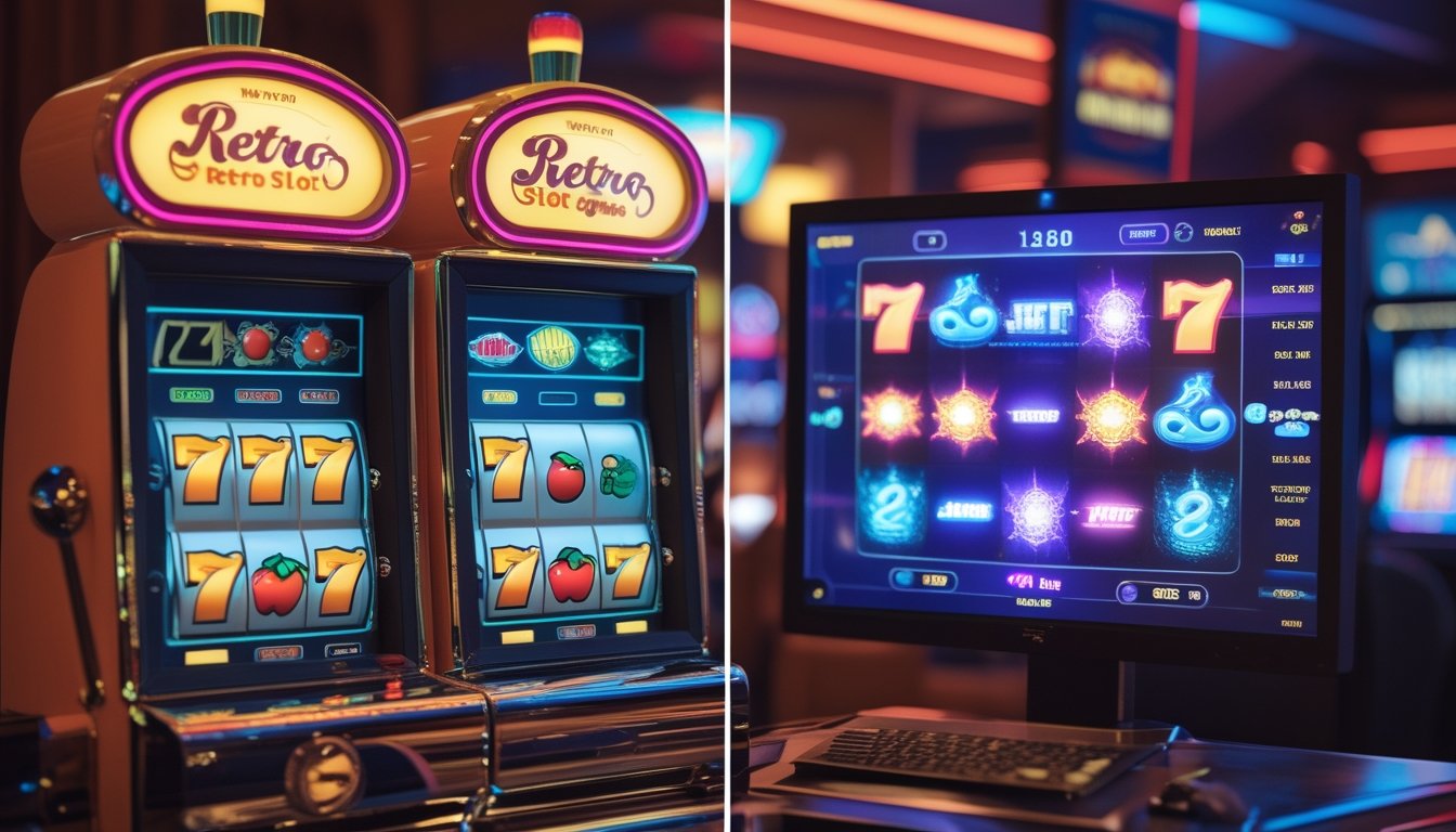 Perbandingan antara mesin slot klasik dengan mesin slot modern yang ditampilkan berdampingan dalam suasana kasino.