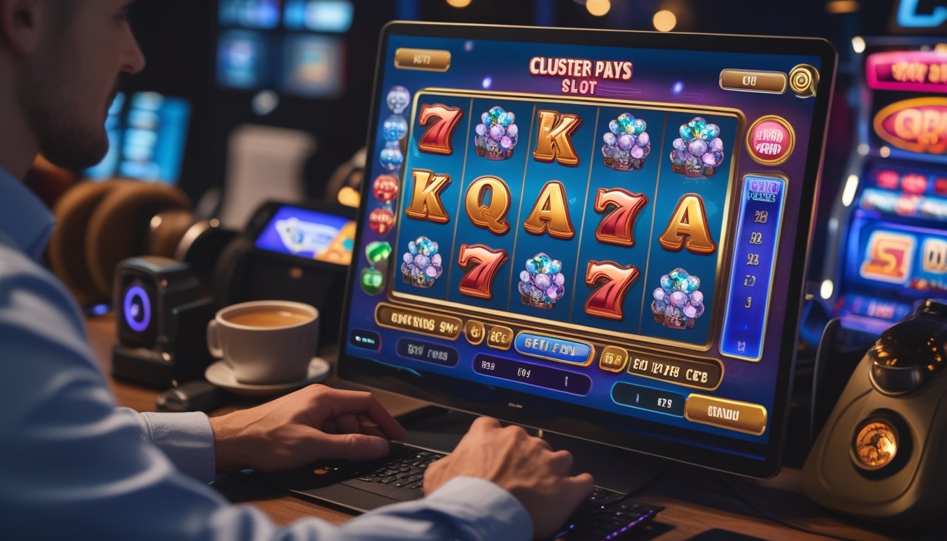 Seseorang sedang mengatur taruhan pada layar komputer dengan permainan slot cluster pays di platform agen retro slot.