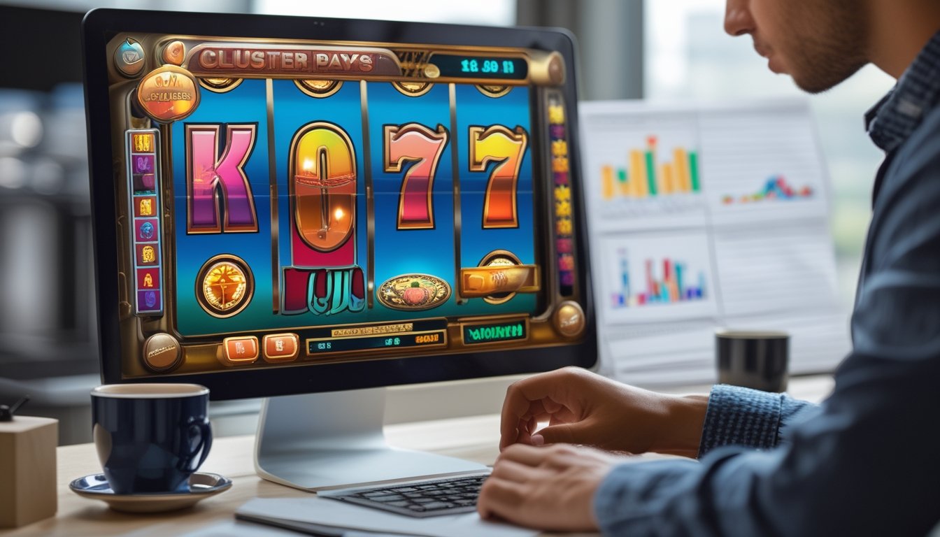 Seseorang sedang menganalisis permainan slot retro di komputer dengan suasana kantor modern.
