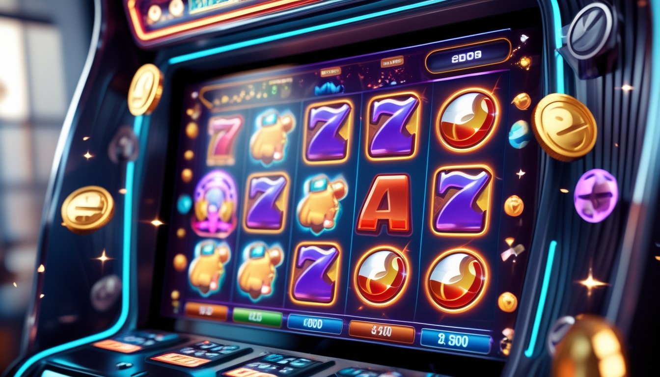 Layar mesin slot retro berwarna cerah dengan simbol cluster pays dan elemen bonus yang menarik.