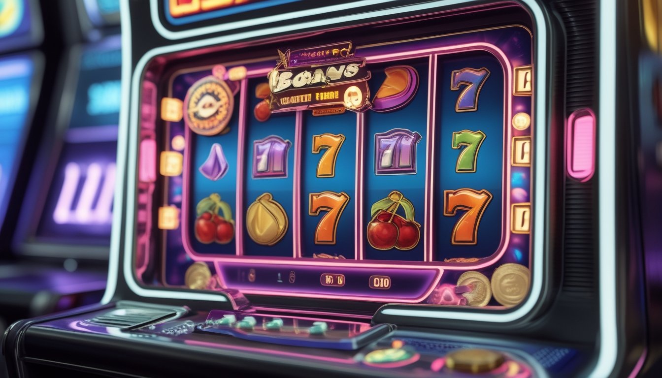 Layar mesin slot retro dengan simbol buah dan angka tujuh yang membentuk pola kemenangan cluster, dikelilingi oleh efek cahaya dan koin.