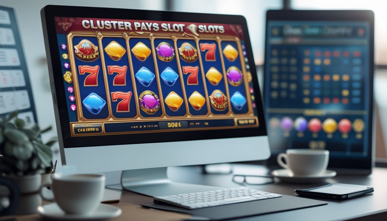 Sebuah layar komputer menampilkan permainan mesin slot dengan simbol warna-warni dan elemen yang menggambarkan pola taruhan di sekitar perangkat.