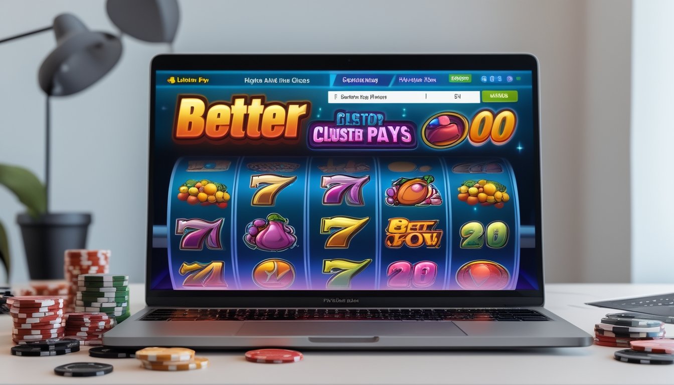 Seorang pengguna sedang bermain mesin slot online di laptop dengan simbol buah dan angka tujuh, dikelilingi oleh chip poker dan kartu remi.