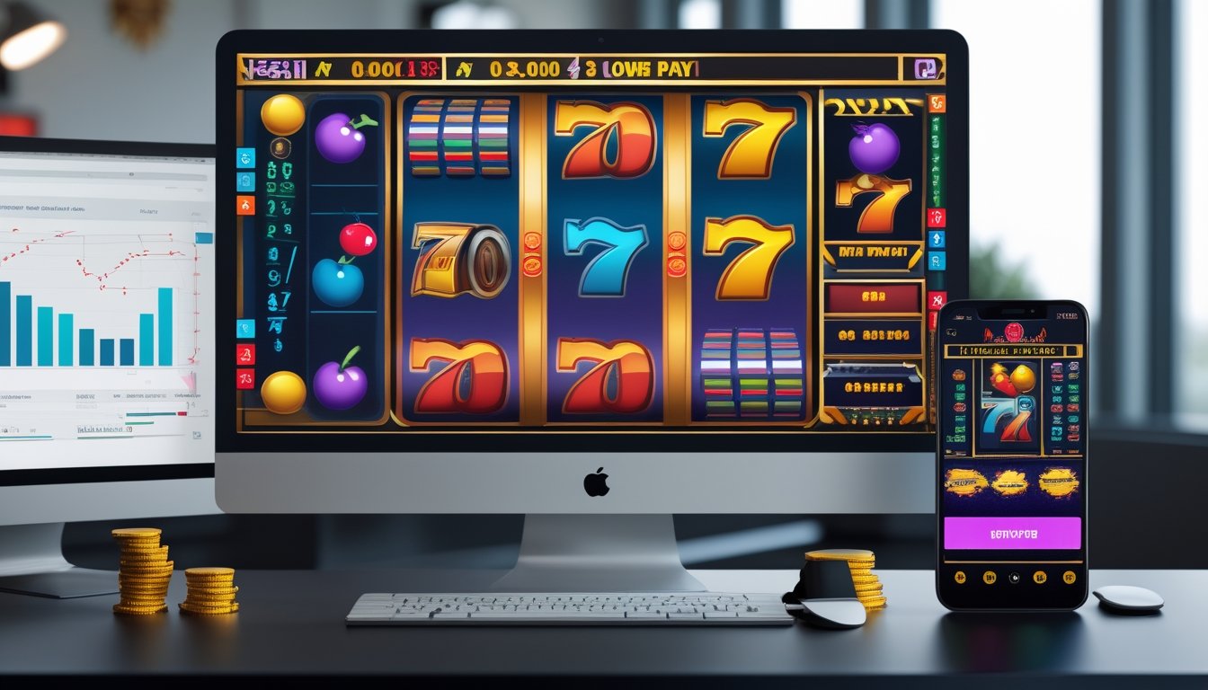 Tampilan antarmuka permainan slot online retro dengan fitur putar otomatis dan taruhan fleksibel pada komputer dan ponsel di lingkungan kantor.