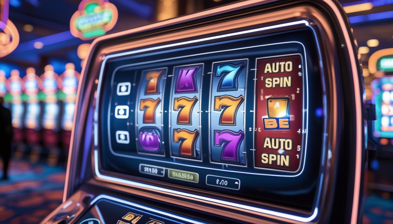 Antarmuka mesin slot digital dengan simbol retro dan fitur taruhan otomatis di latar kasino yang terang.