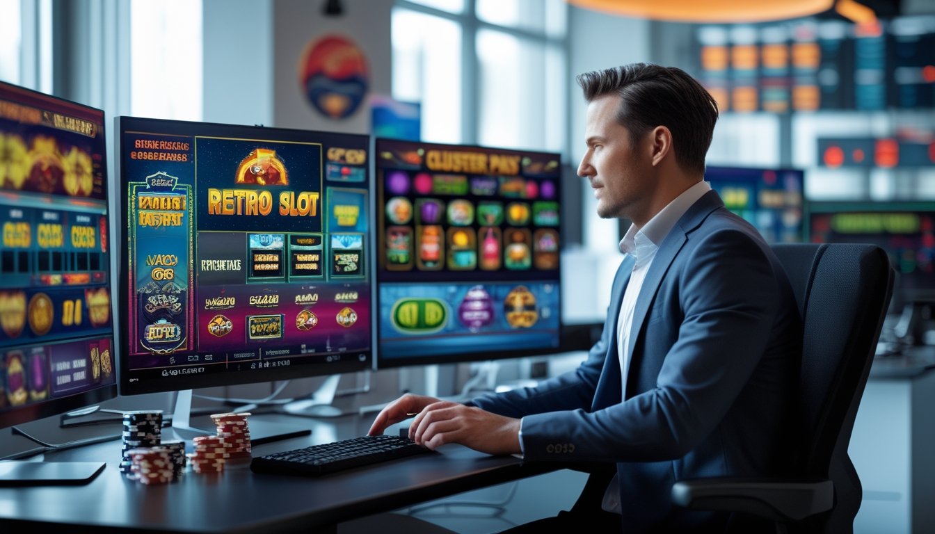 Seorang profesional sedang bekerja di meja dengan beberapa layar komputer yang menampilkan permainan slot online, di ruang kantor yang terang dan rapi.
