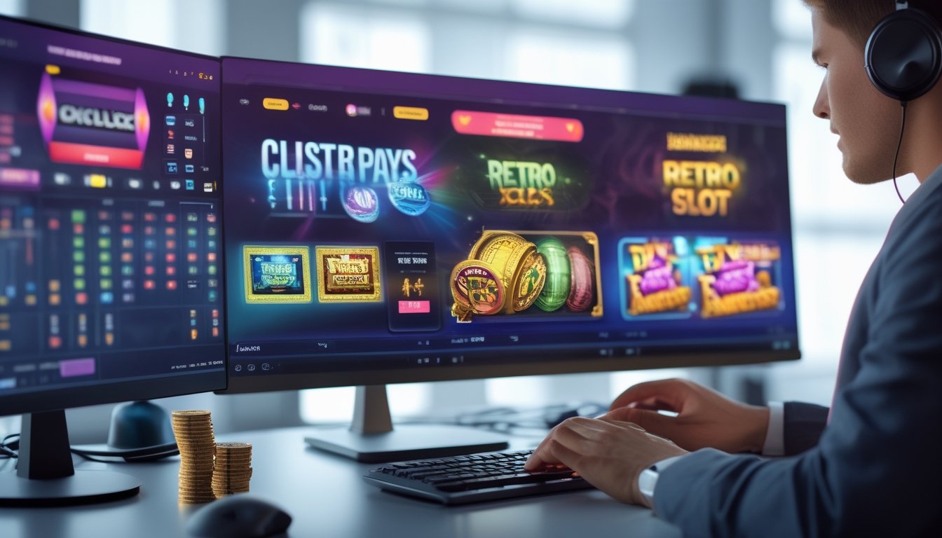 Seorang pria sedang menggunakan komputer dengan layar menampilkan permainan slot digital di meja kerja yang rapi dan terang.
