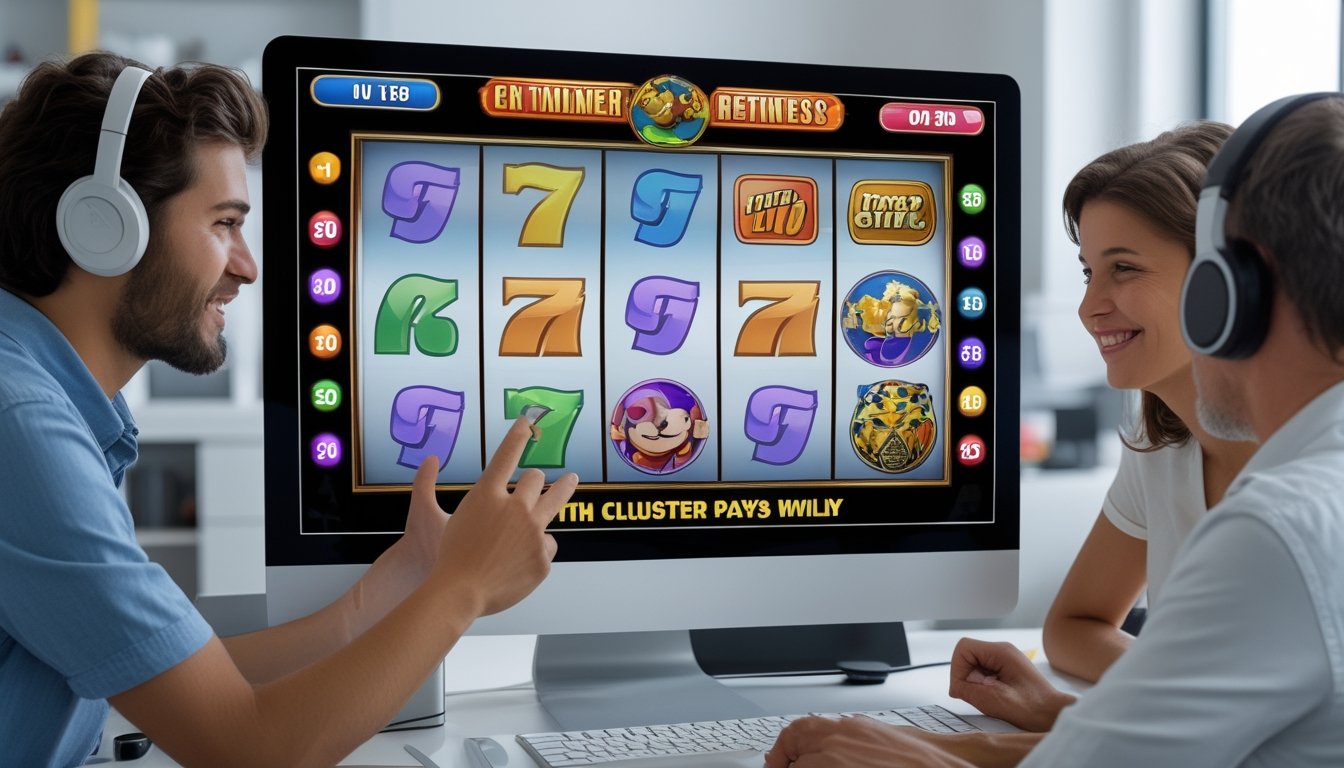 Orang-orang bermain permainan slot retro online di depan layar komputer dengan simbol warna-warni dalam tata letak cluster pays.