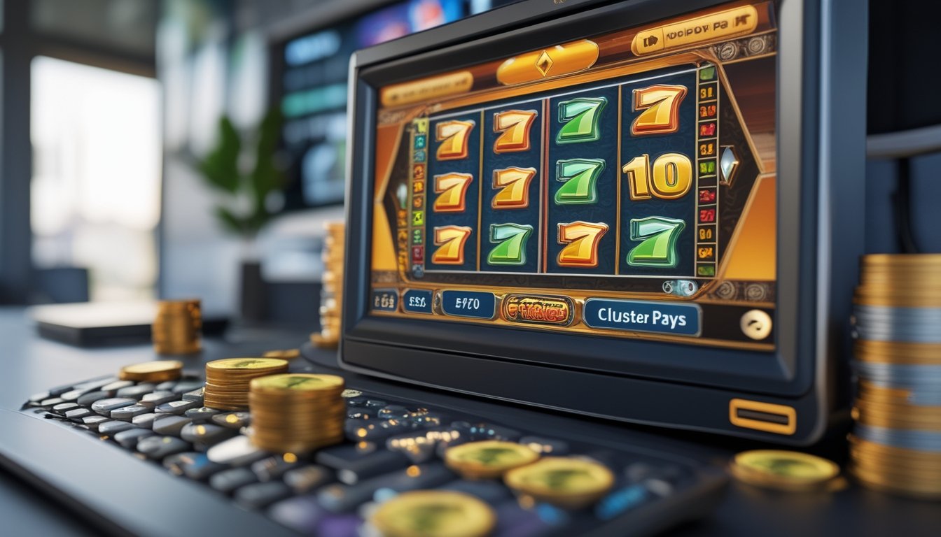 Tampilan layar komputer dengan permainan slot online bergaya retro yang menampilkan simbol berwarna-warni dalam kelompok, di meja kerja dengan koin dan token di sekitarnya.