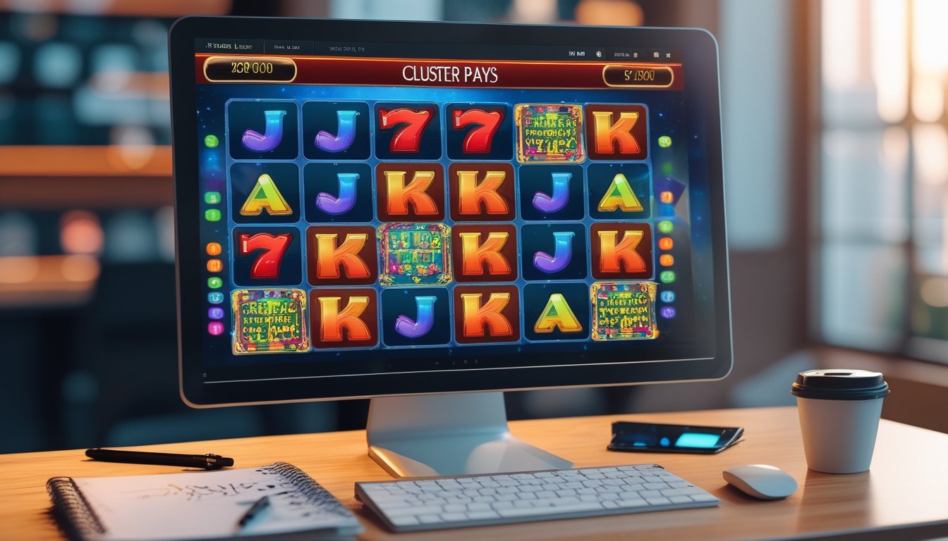 Seorang pemain slot online sedang fokus pada layar komputer yang menampilkan permainan slot dengan simbol berwarna-warni yang berkelompok, di atas meja terdapat buku catatan dan cangkir kopi.