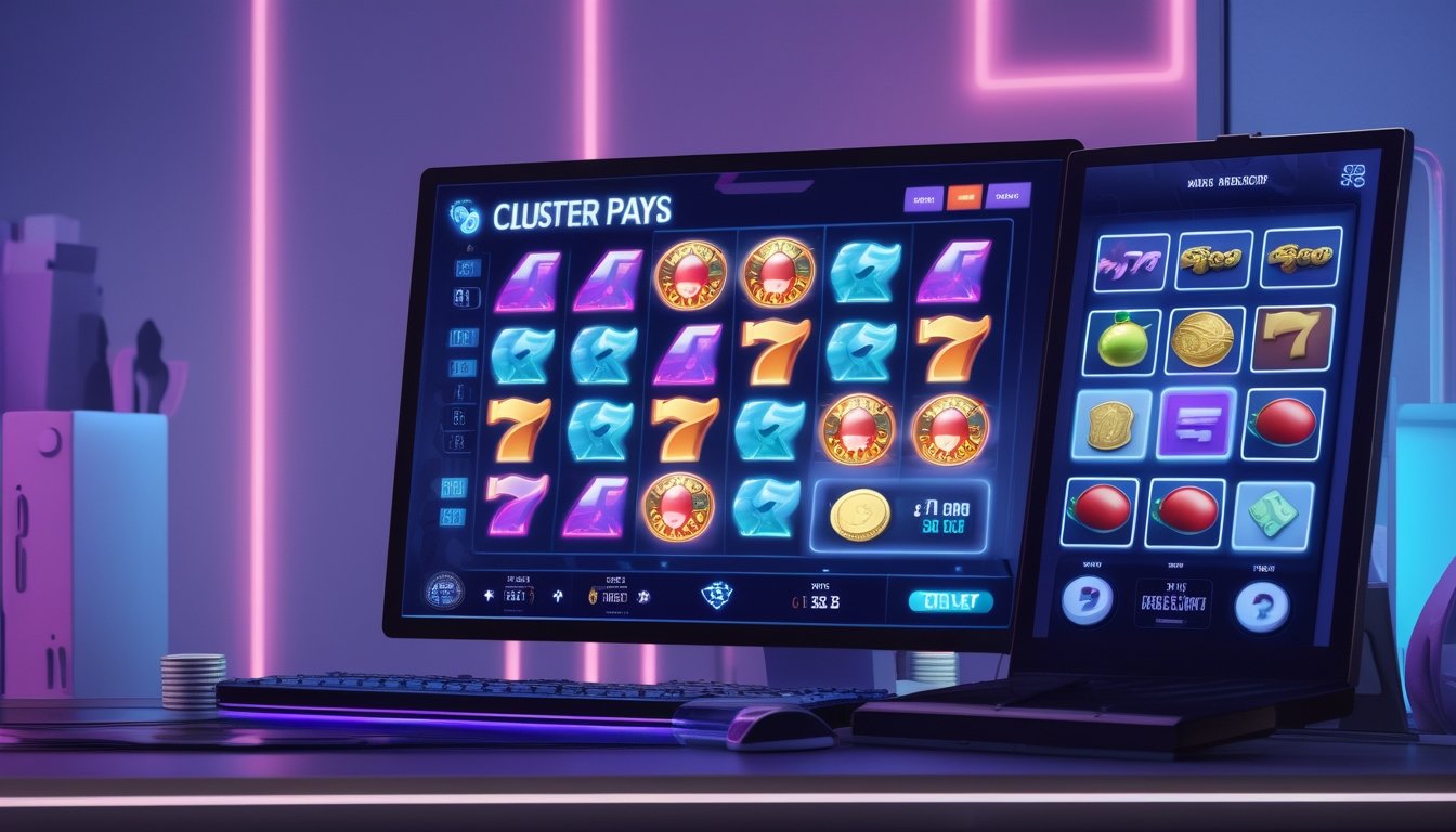 Tampilan layar komputer yang menampilkan dua jenis permainan slot online, satu dengan simbol yang berkelompok dan satu dengan simbol klasik, di meja kerja yang rapi.