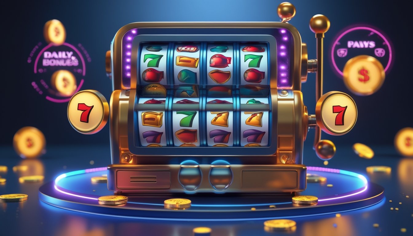 Mesin slot retro berwarna cerah dengan simbol klasik dan lampu menyala, dikelilingi oleh elemen digital yang menggambarkan fitur bonus harian dan cluster pays.