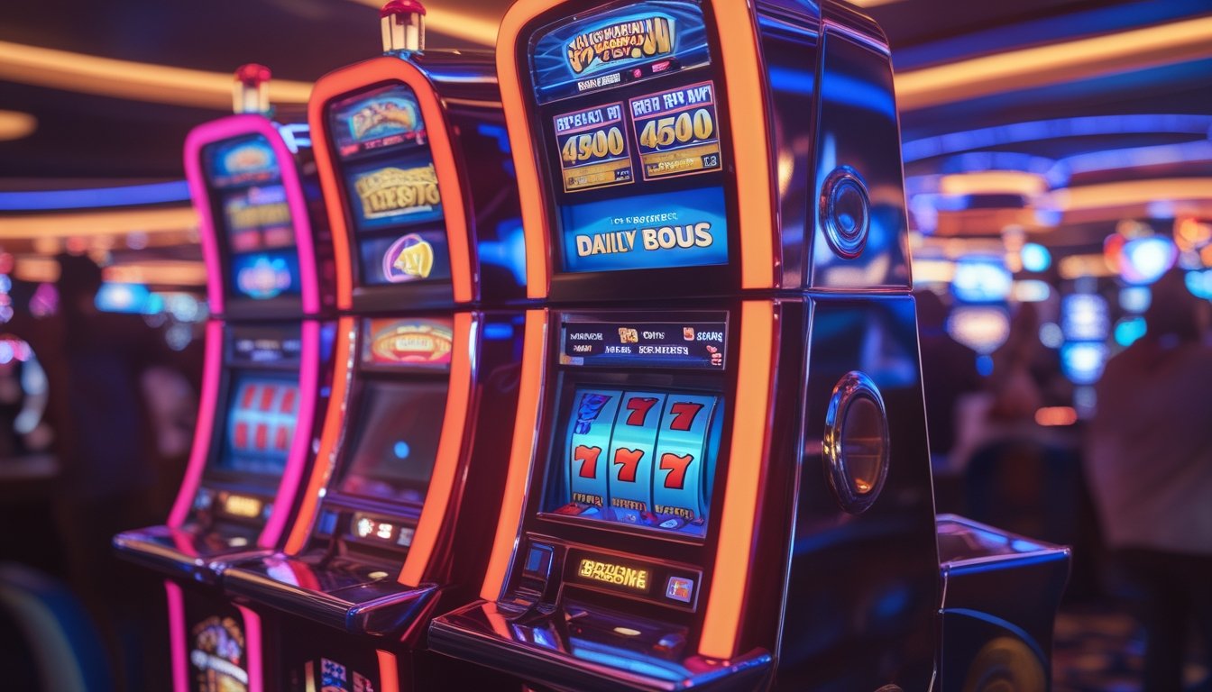 Mesin slot retro modern dengan lampu warna-warni di dalam kasino yang ramai dengan pemain yang menikmati permainan.