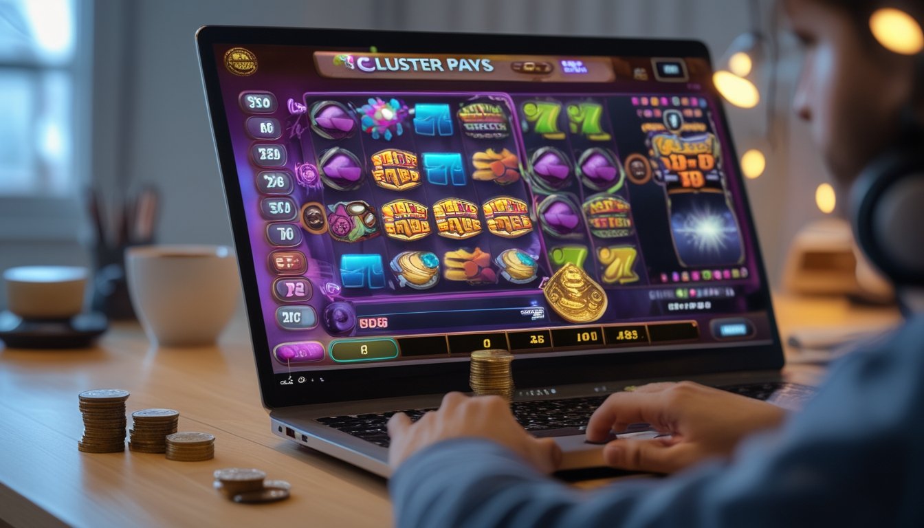 Seseorang sedang bermain permainan slot cluster pays di komputer dengan suasana ruangan yang nyaman dan pencahayaan lembut.