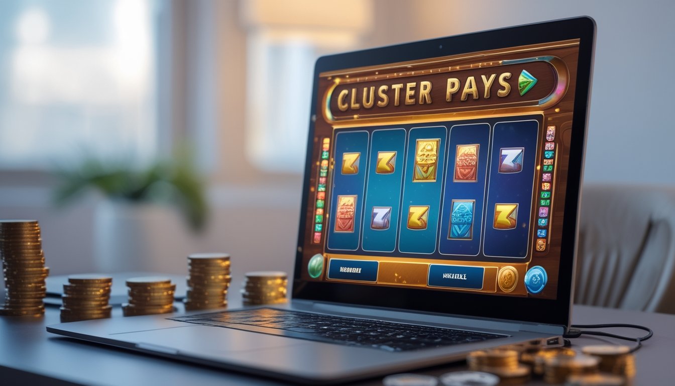 Seorang pemain sedang menggunakan komputer untuk bermain permainan slot cluster pays dengan tema retro di meja yang rapi dan terang.