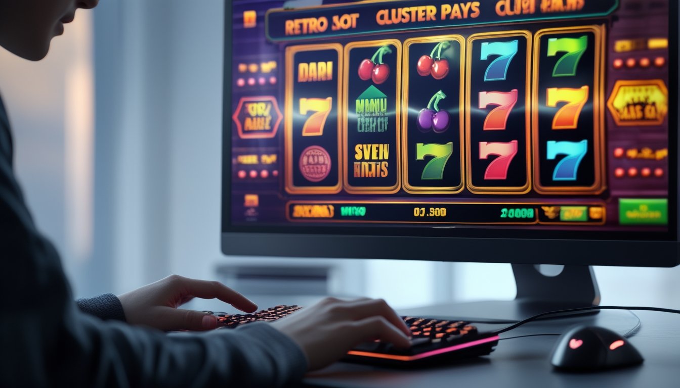 Seorang pemain sedang menggunakan komputer dengan layar menampilkan permainan slot retro dan cluster pays yang berwarna-warni.