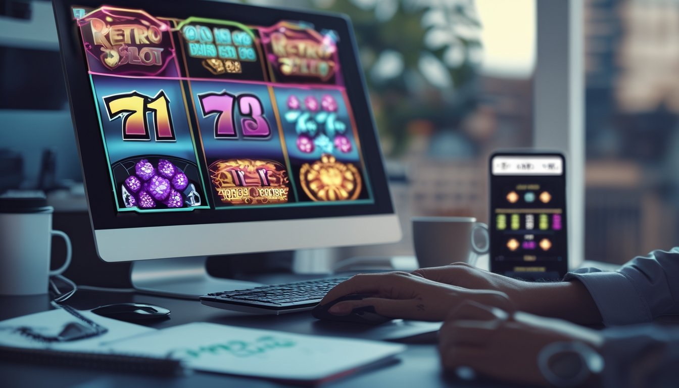 Meja kerja dengan komputer yang menampilkan permainan slot retro dan pola cluster pays, tangan seseorang sedang menggunakan keyboard dan mouse, dengan catatan dan kopi di sekitar.
