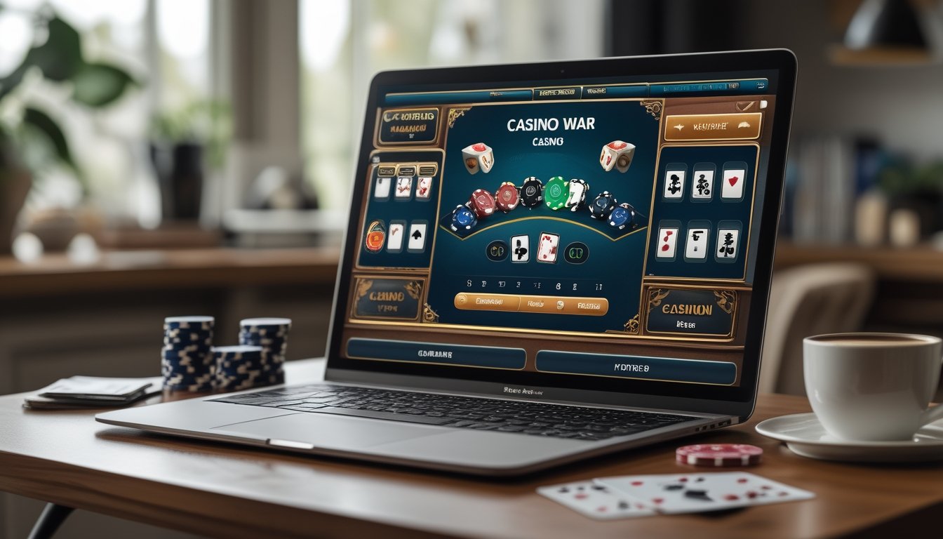 Seorang pengguna sedang bermain permainan Casino War dan Casino Hold’em secara online di laptop dengan chip poker dan kartu di meja.