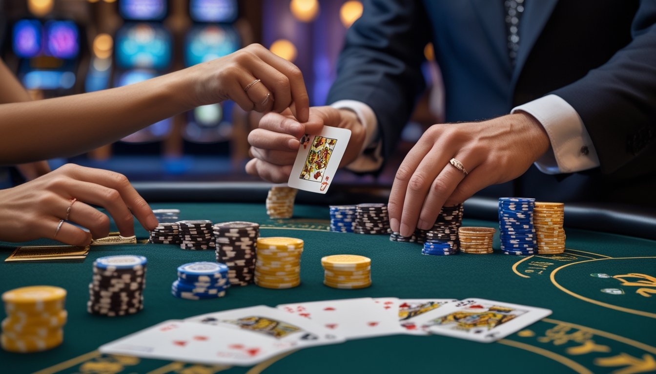 Meja kasino dengan kartu remi dan chip taruhan, tangan dealer sedang membagikan kartu kepada pemain dalam suasana kasino yang elegan.