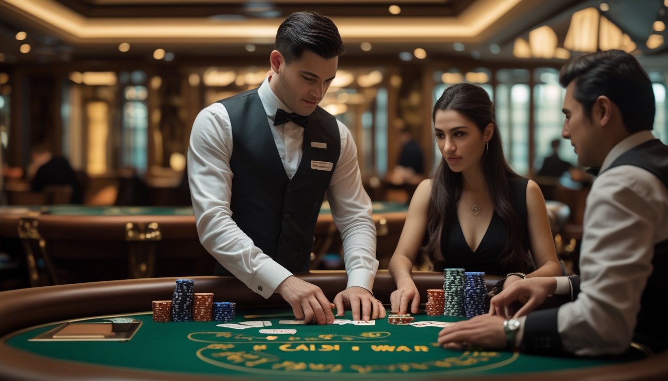 Seorang dealer dan dua pemain sedang bermain kartu di meja kasino dengan suasana mewah dan pencahayaan lembut.