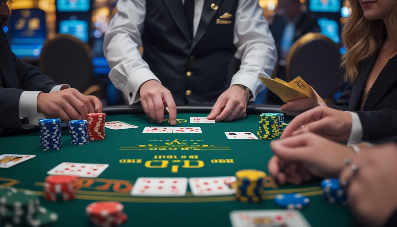 Meja kasino dengan dealer dan pemain sedang bermain kartu Casino War dan Casino Hold’em.
