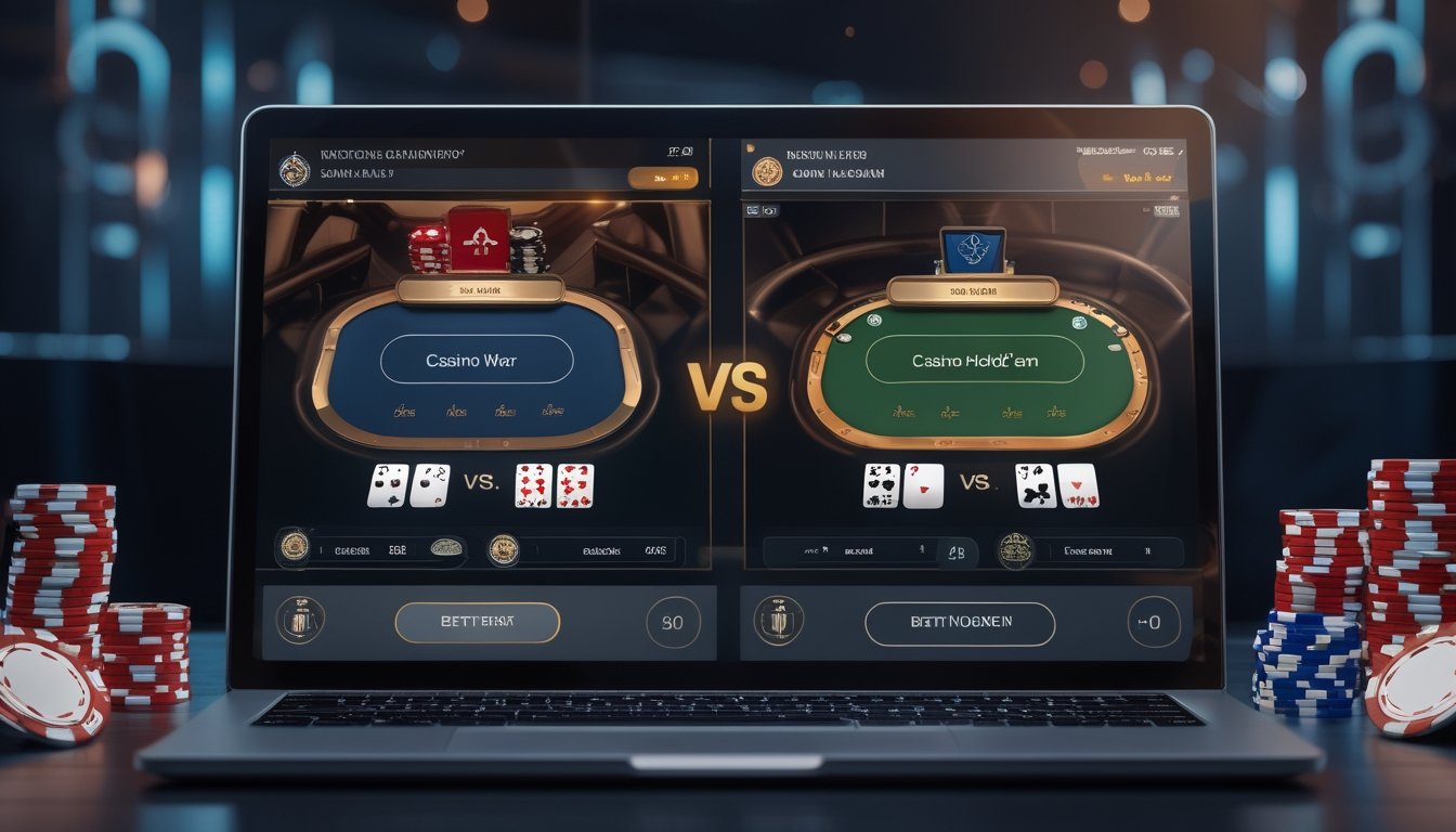 Layar laptop menampilkan dua meja permainan kartu online, satu untuk Casino War dan satu untuk Casino Hold’em, dengan chip poker dan kartu di sekitarnya.