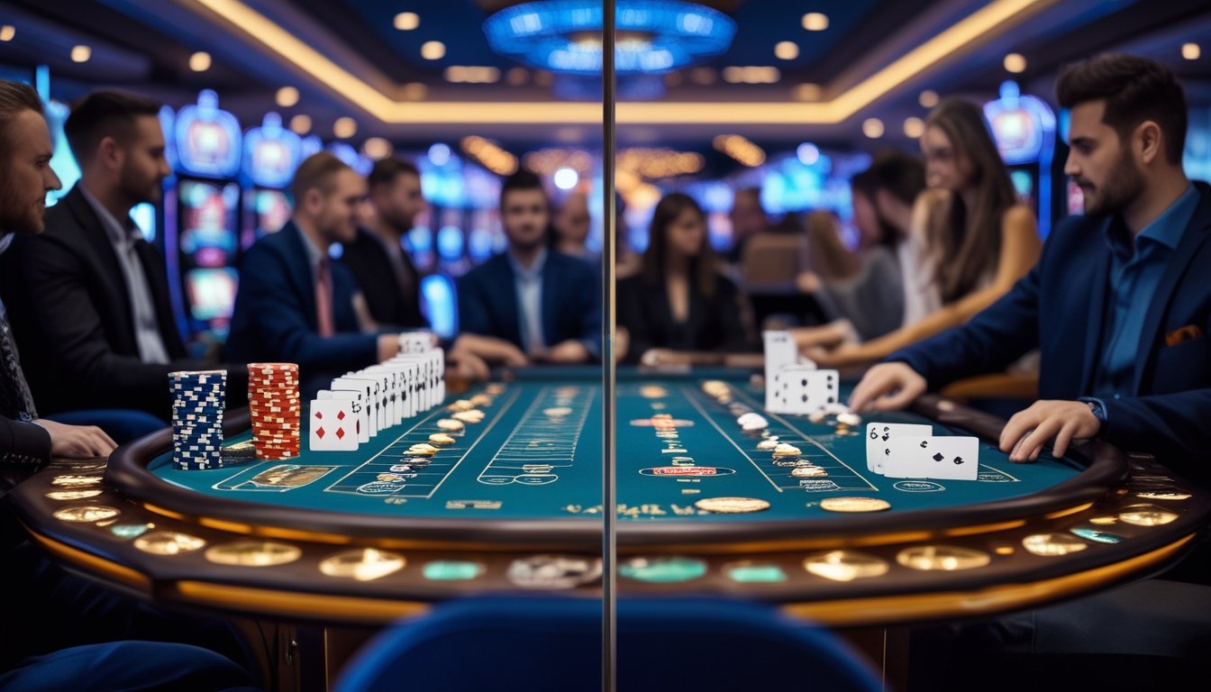 Meja kasino dengan dua area permainan berbeda, satu untuk Casino War dengan kartu dan chip sederhana, dan satu untuk Casino Hold’em dengan kartu komunitas dan chip poker, di lingkungan kasino yang ramai.