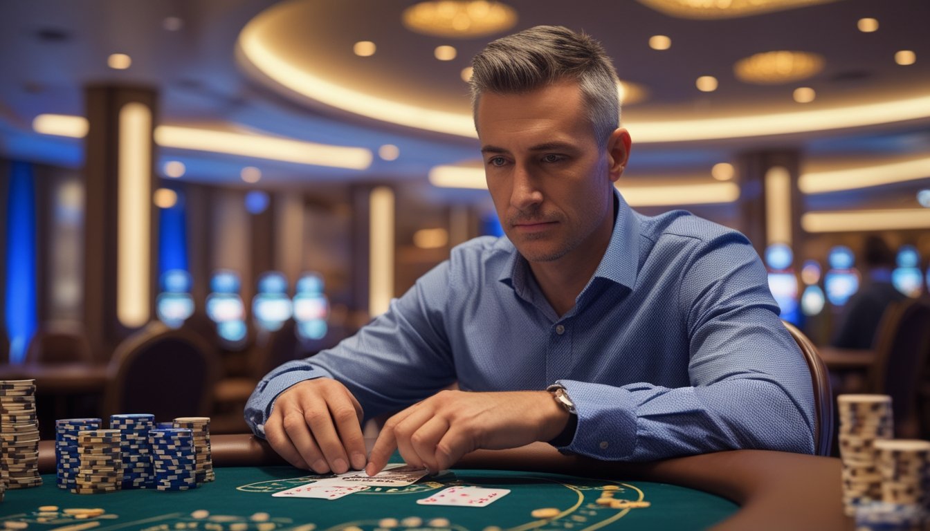 Seorang pria dewasa duduk di meja kasino dengan kartu dan chip poker, tampak fokus dan serius bermain.