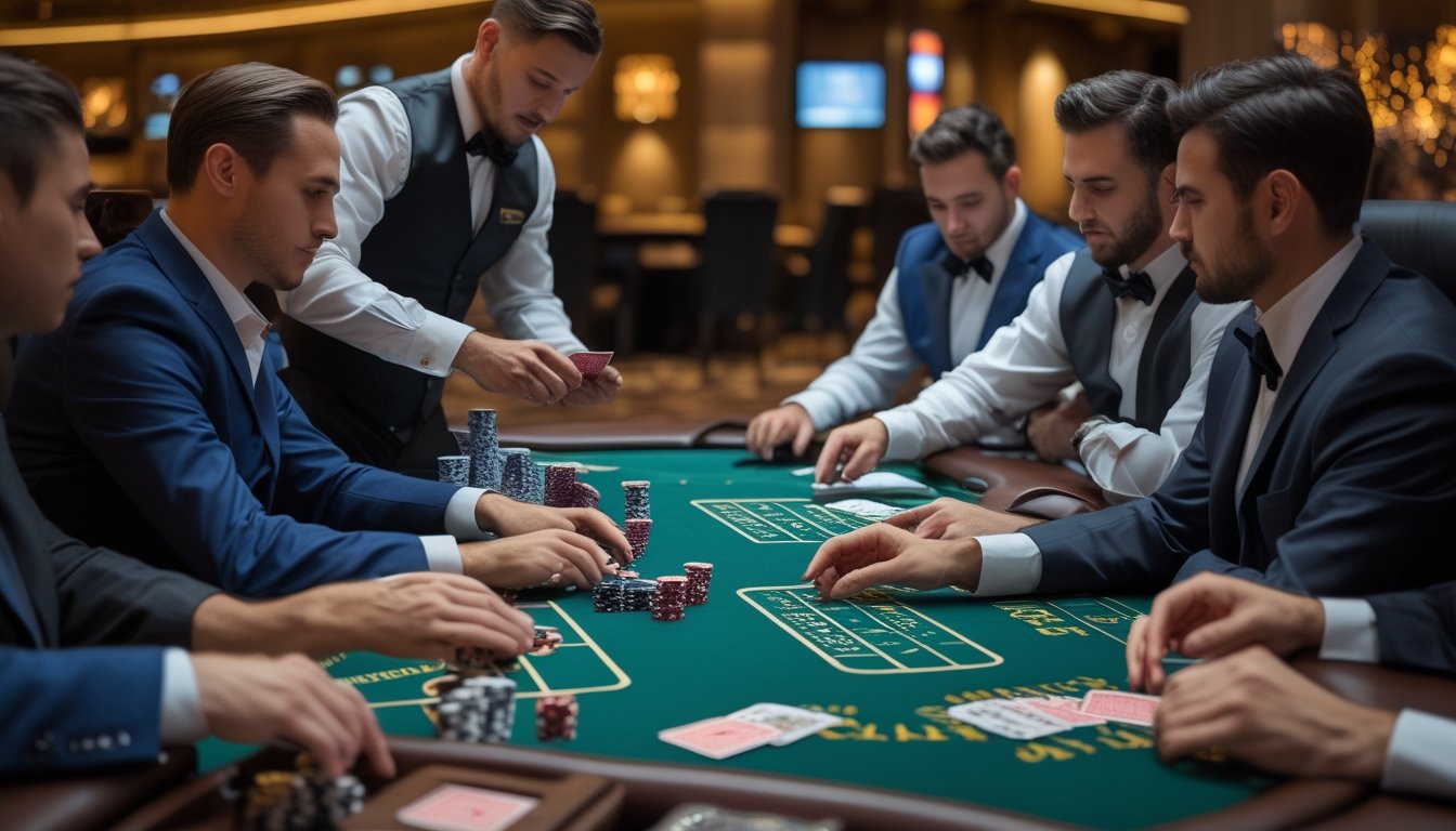 Meja kasino dengan dealer dan pemain yang sedang bermain kartu Casino War dan Casino Hold’em.