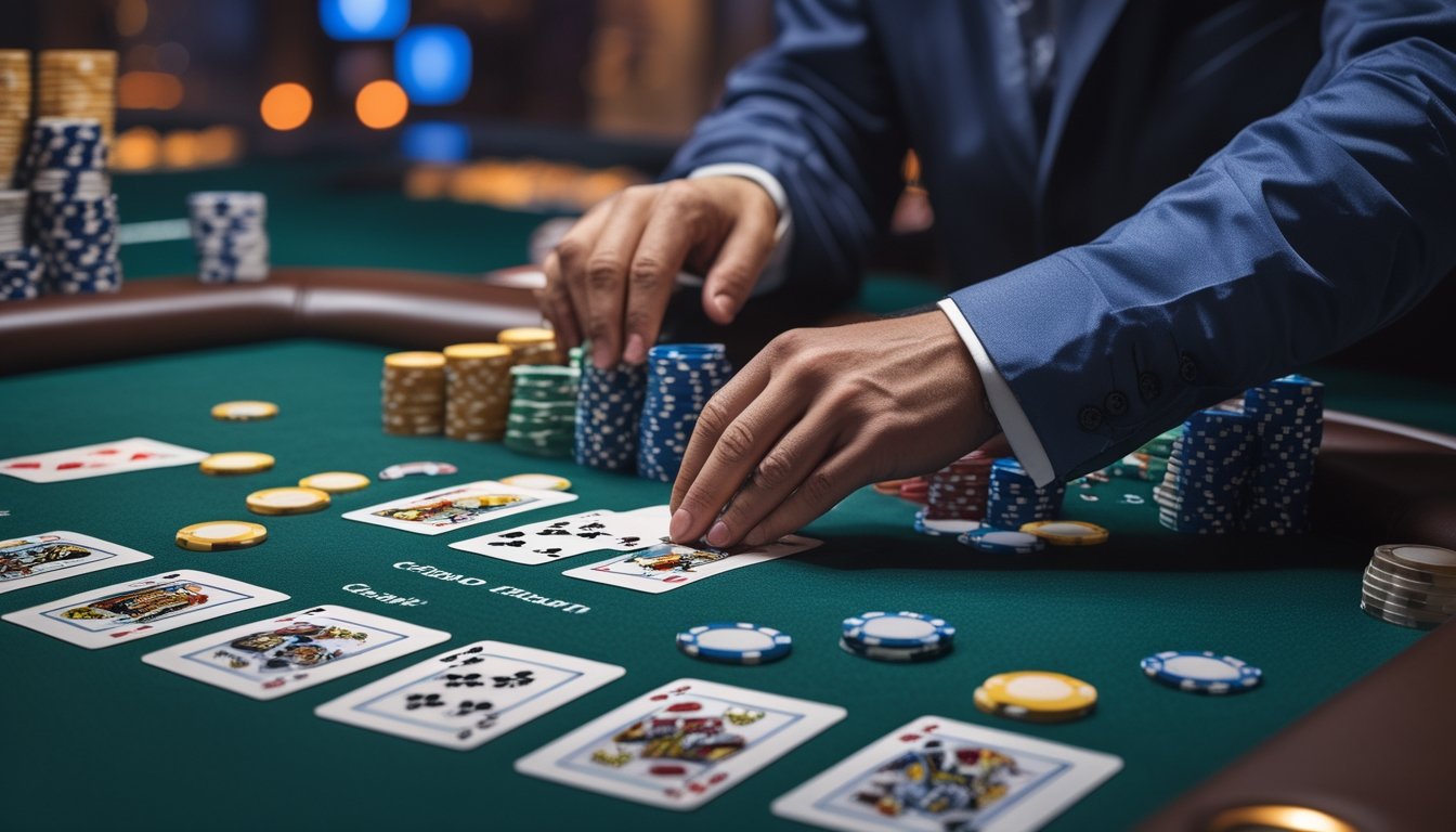 Meja kasino dengan kartu remi dan tumpukan chip taruhan, serta tangan dealer sedang membagikan kartu.