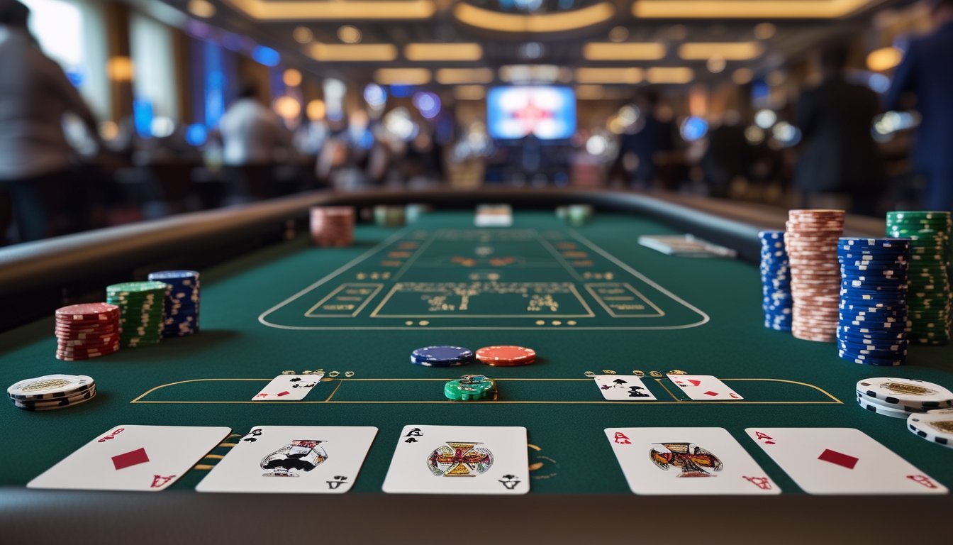 Meja kasino dengan kartu dan chip poker yang tertata rapi di lingkungan kasino yang ramai.