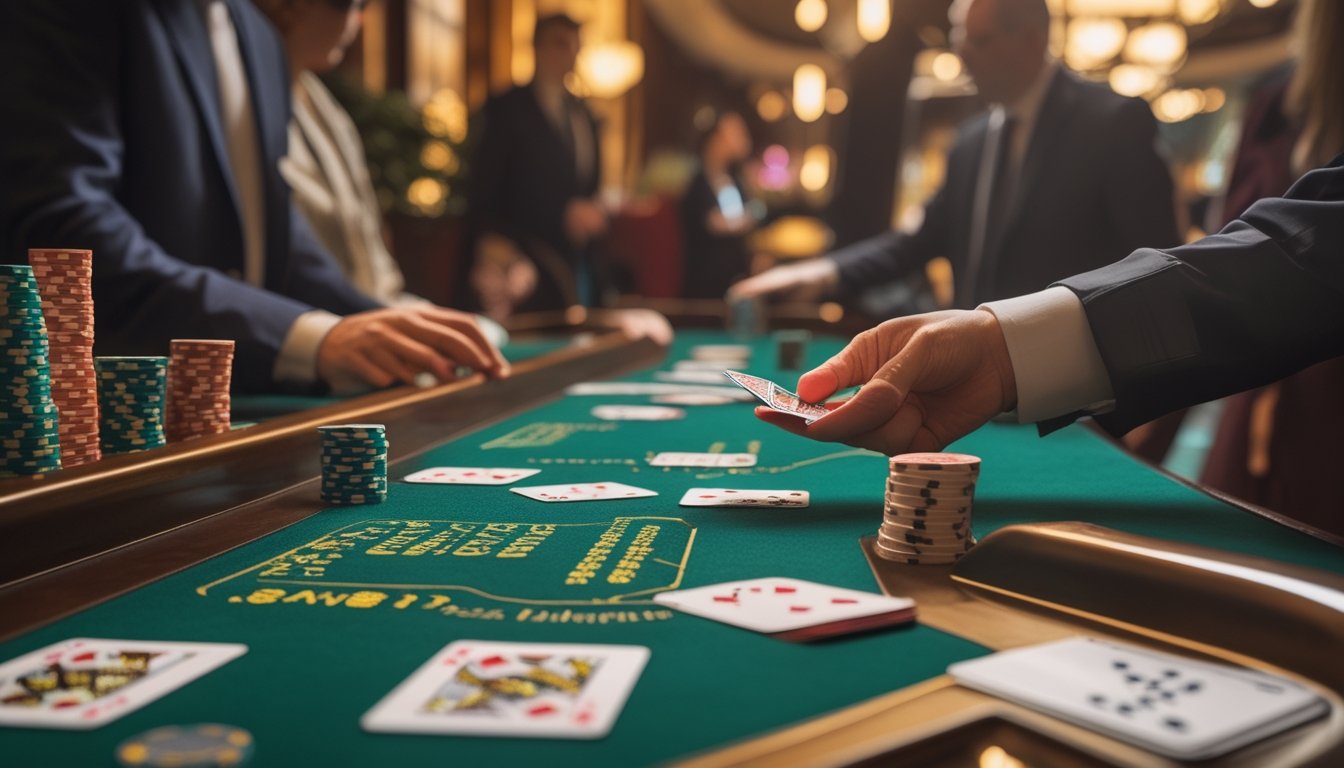 Meja kasino dengan kartu remi dan chip poker, seorang dealer sedang membagikan kartu kepada pemain di lingkungan kasino yang mewah.