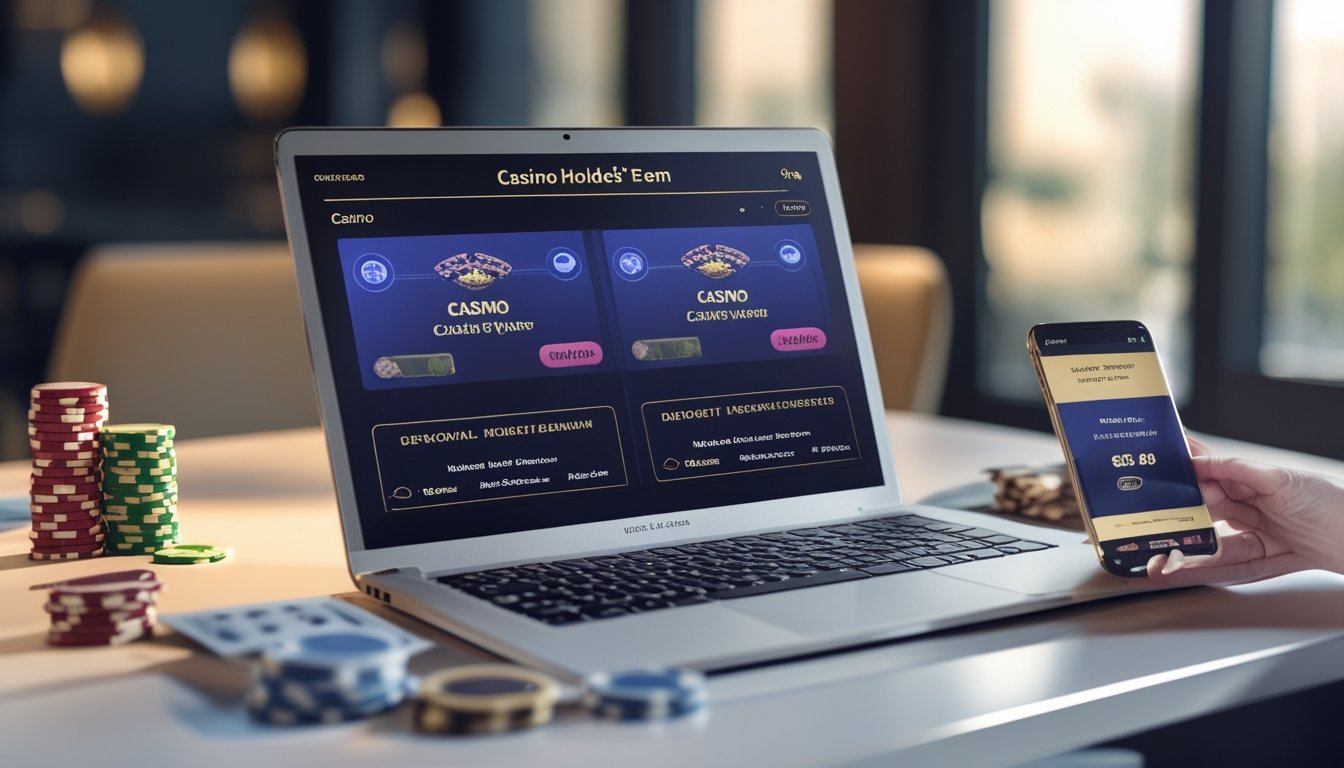 Meja dengan laptop dan ponsel yang menampilkan permainan Casino War dan Casino Hold’em, dilengkapi dengan chip poker dan kartu remi.