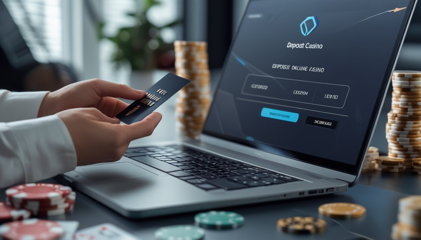 Seseorang menggunakan komputer untuk melakukan deposit di situs casino online dengan kartu kredit dan elemen permainan casino seperti kartu dan chip di sekitar.