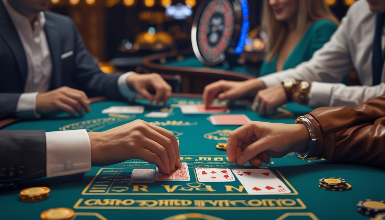 Meja kasino dengan kartu dan chip poker, pemain sedang bermain Casino War dan Casino Hold’em di suasana kasino yang ramai.