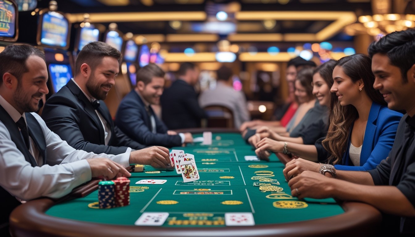 Suasana meja kasino dengan pemain yang sedang bermain permainan kartu Casino War dan Casino Hold’em, dealer membagikan kartu dan chip poker terlihat di atas meja.