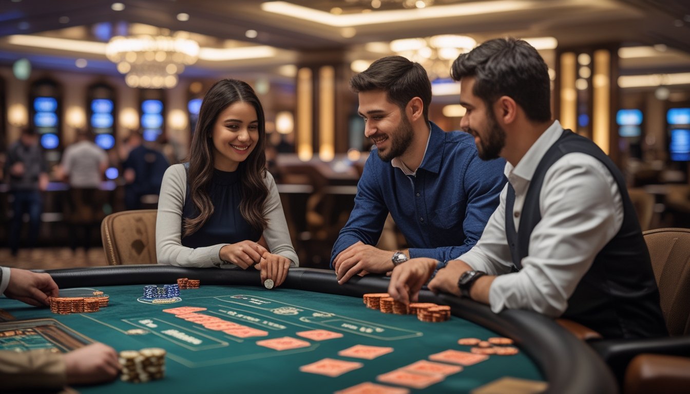 Dua pemain dan seorang dealer di meja kasino dengan kartu dan chip, suasana kasino yang mewah dan nyaman.