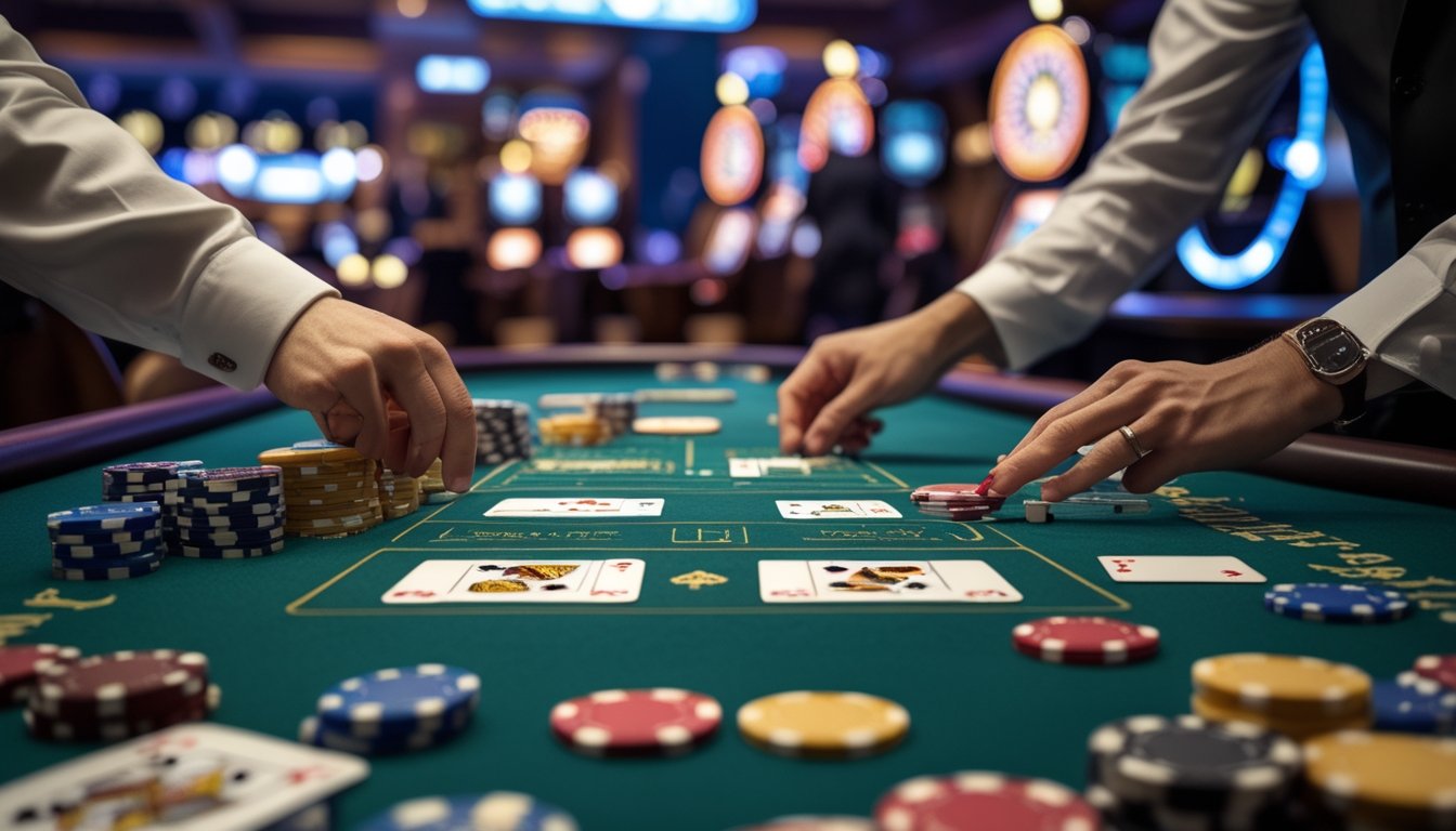 Meja kasino dengan kartu remi dan chip taruhan, dealer sedang membagikan kartu di suasana kasino yang terang.
