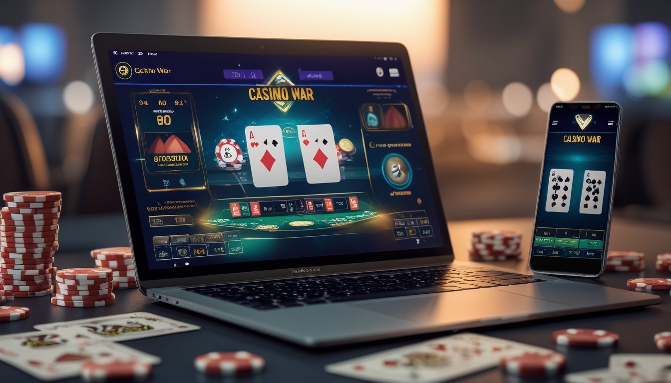 Seorang pemain menggunakan laptop dengan tampilan permainan kartu Casino War dan Casino Hold’em online, dikelilingi oleh chip kasino dan kartu remi.