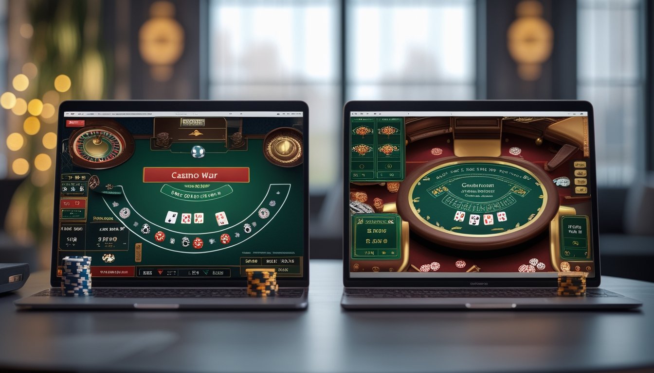 Dua layar perangkat digital yang menampilkan permainan Casino War dan Casino Hold’em secara berdampingan dengan kartu dan chip taruhan di atas meja.