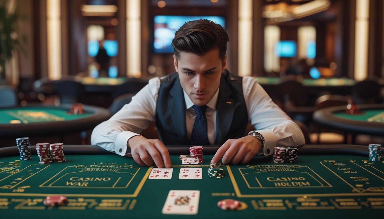 Seorang pemain kasino berpakaian rapi sedang fokus bermain kartu di meja kasino dengan kartu dan chip poker di depan.