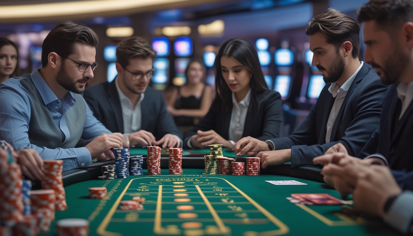 Meja permainan kasino dengan pemain yang sedang bermain kartu Casino War dan Casino Hold’em di lingkungan kasino yang terang dan ramai.