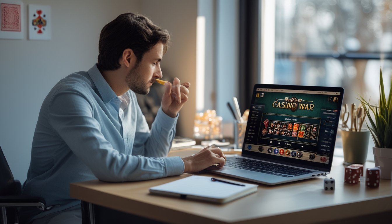 Seorang pemain online duduk di meja dengan laptop yang menampilkan permainan kasino, di sekitarnya terdapat kartu remi dan chip poker.