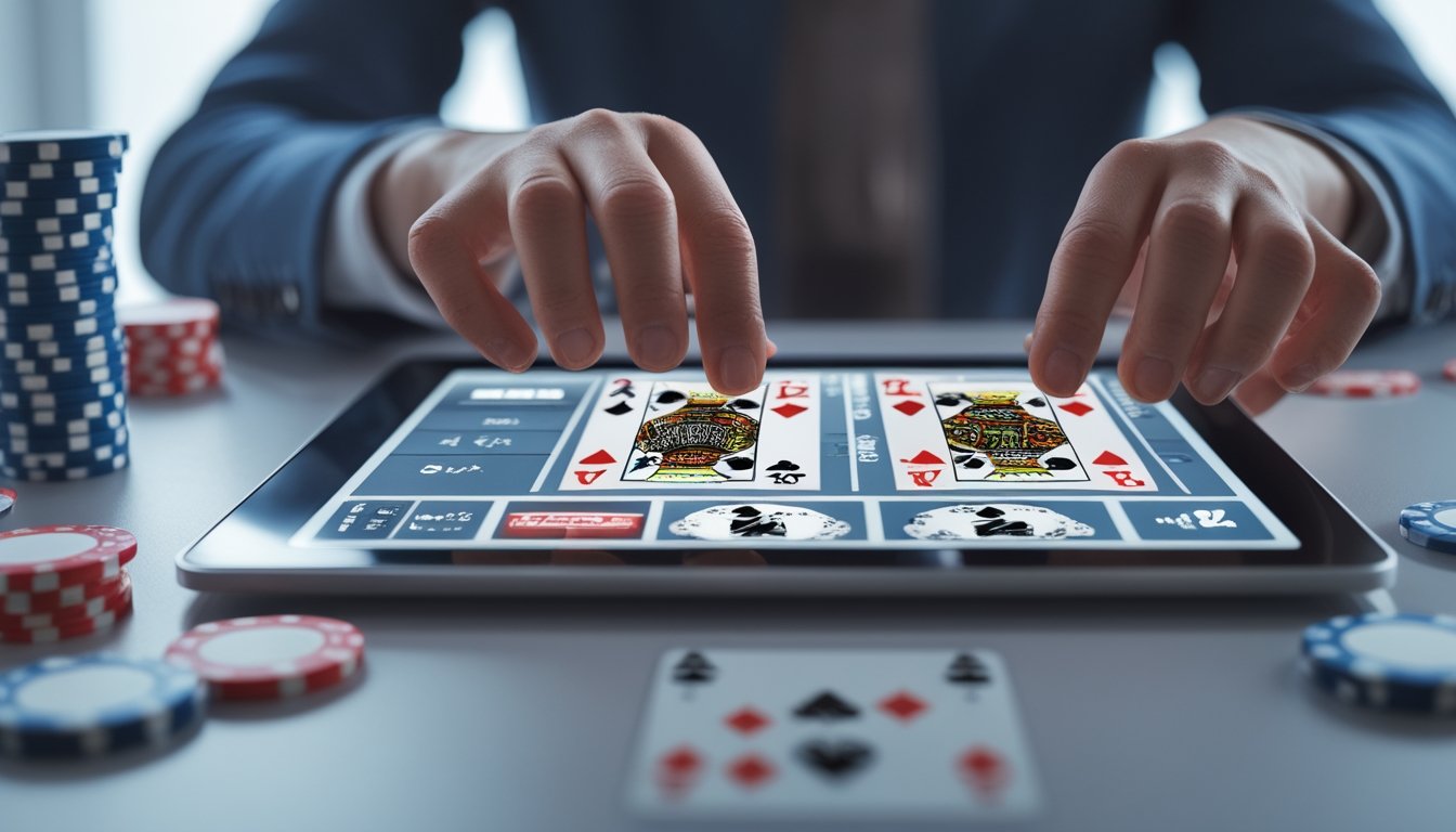 Seseorang menggunakan perangkat digital untuk bermain permainan Casino War dan Casino Hold’em secara online dengan kartu dan chip taruhan di sekitar meja.