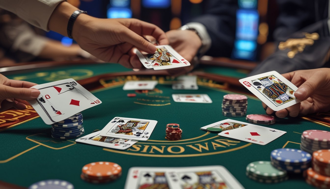 Suasana meja kasino dengan kartu dan chip poker yang sedang dimainkan oleh dua pemain.