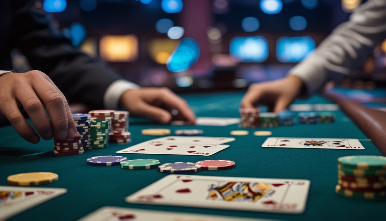 Tangan dealer mengatur kartu dan chip poker di meja permainan casino dengan latar belakang suasana casino.